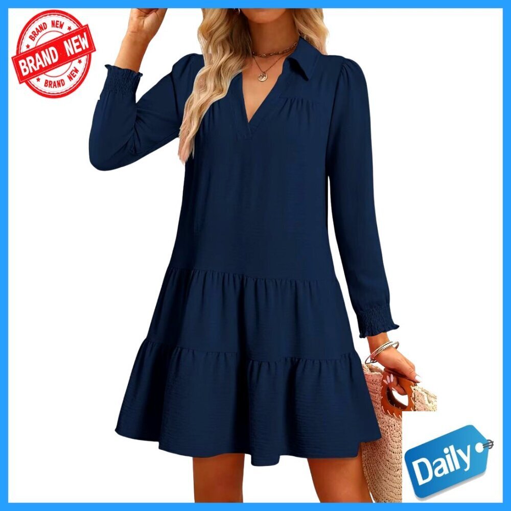 Long Sleeve V-Neck Pleated Midi Dress Lapel Collar Casual Fall